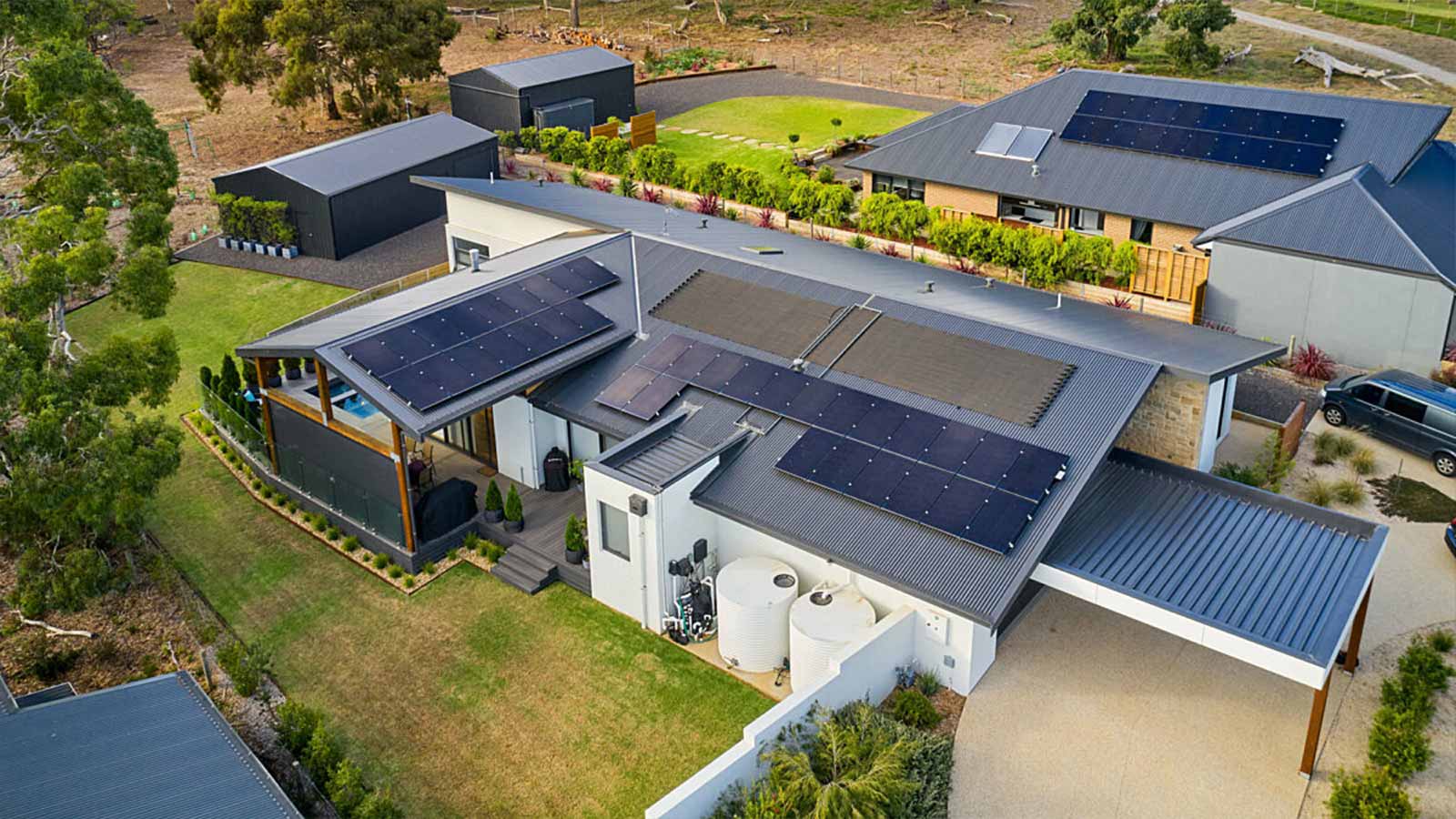 Aerial view of Ocean Grove house fitted with solar panels. 