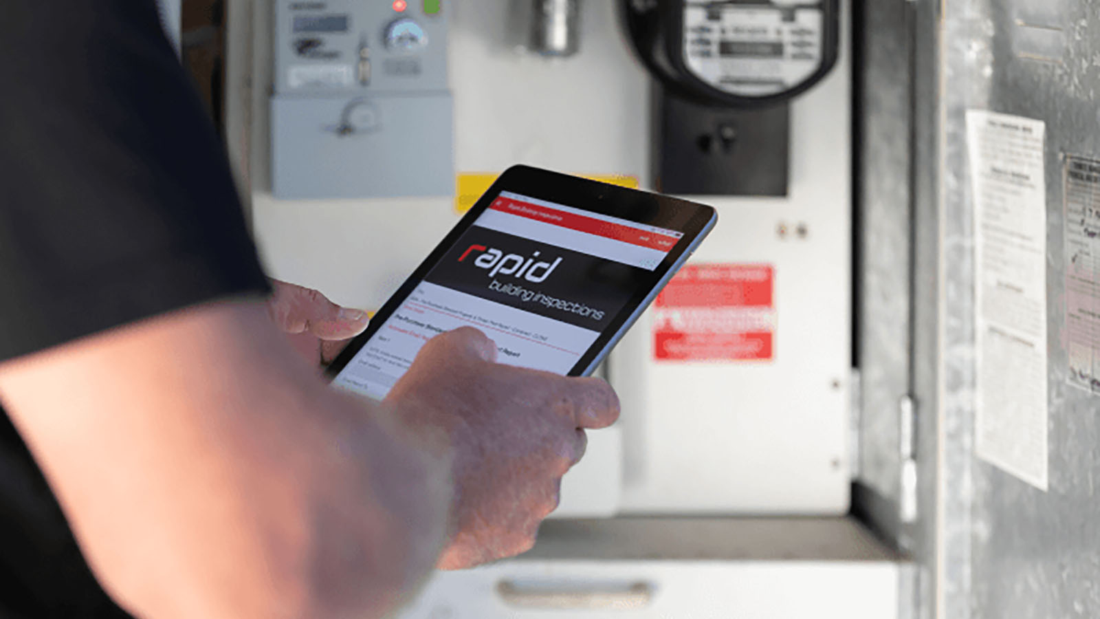 Building inspector entering information on a tablet while looking at a meter.