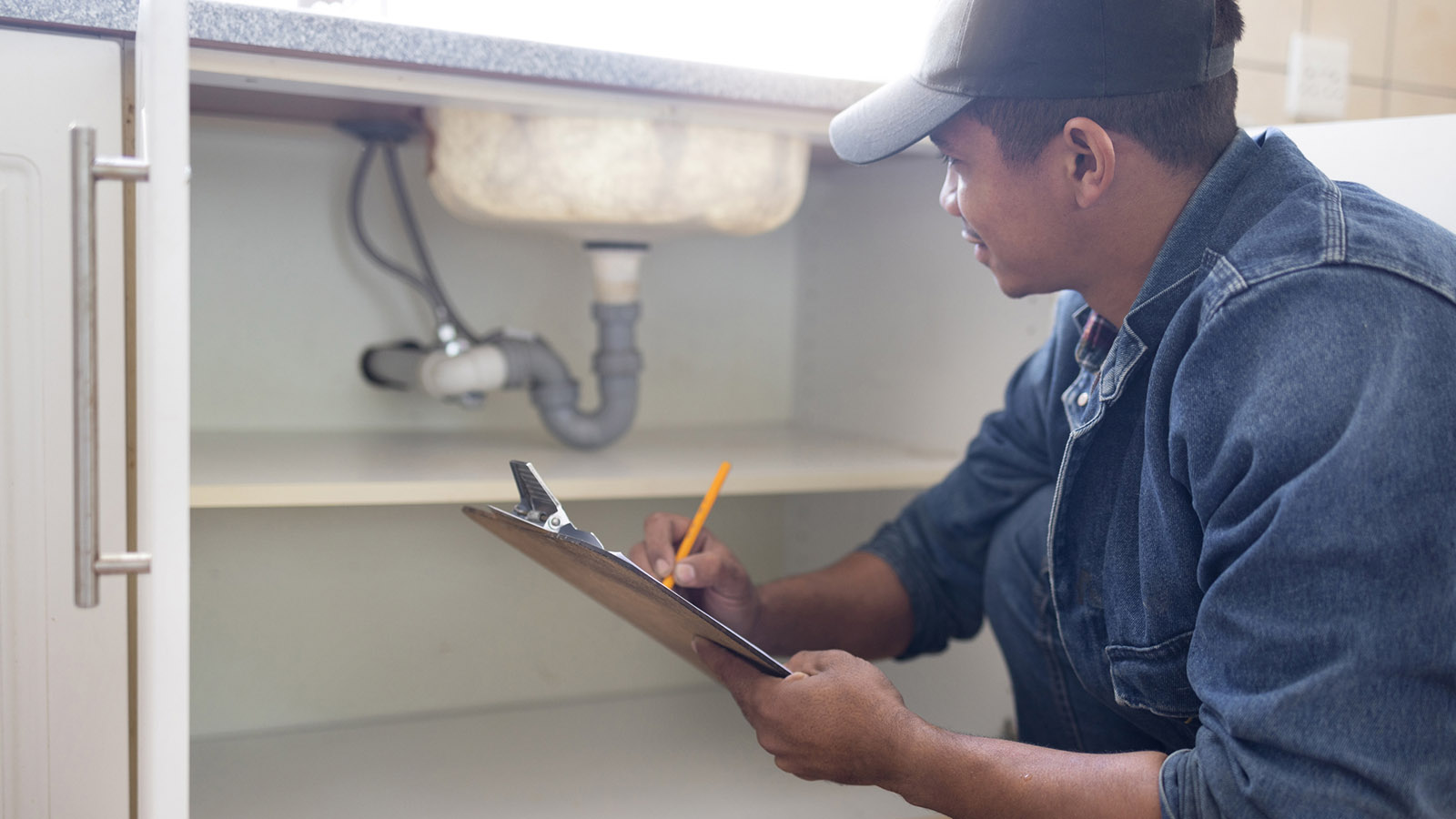 An inspector with a clipboard reviewing the plumbing of a kitchen sink.