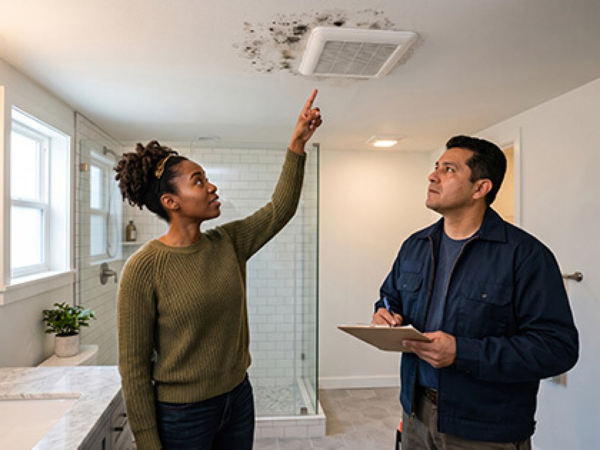 Inspector and customer looking at mould on the roof of a bathroom.