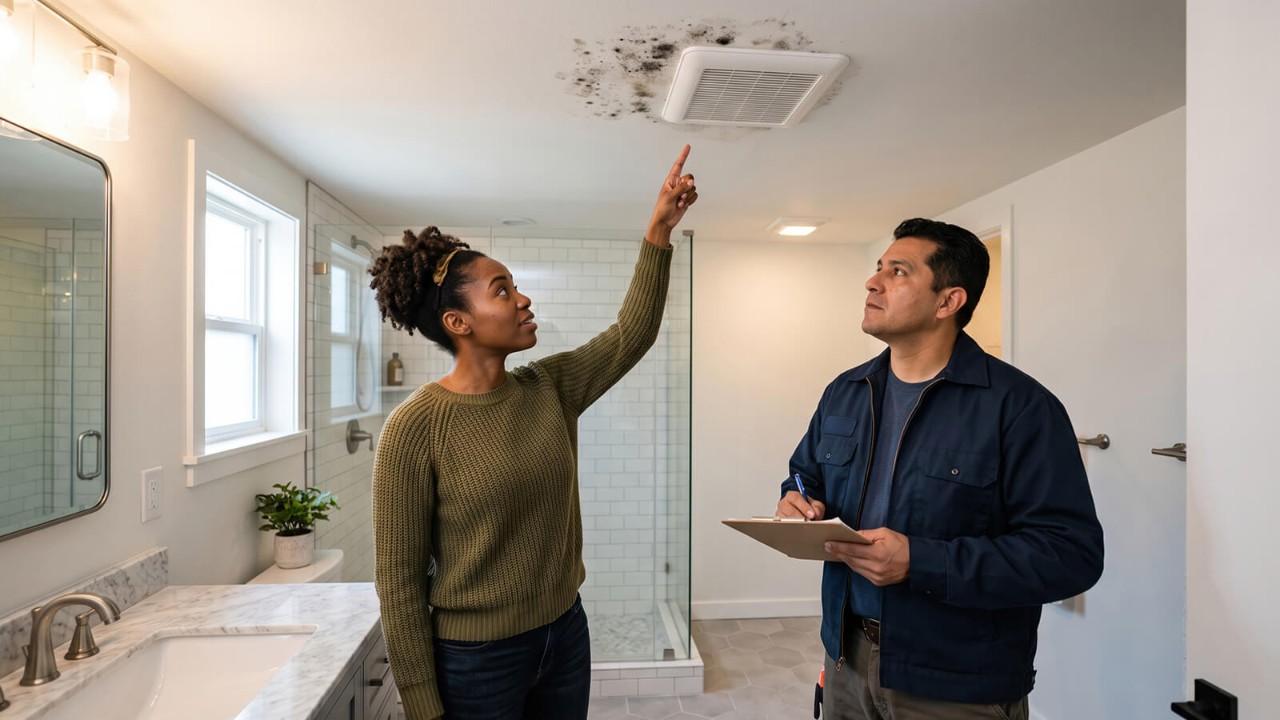 Inspector and customer looking at mould on the roof of a bathroom.